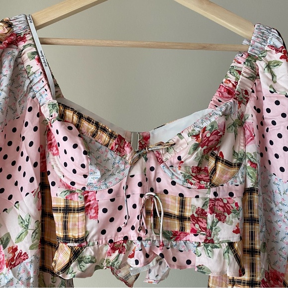 For Love and Lemons Marissa Patchwork Crop Puff Sleeve Shirt Top Size Small S - Picture 4 of 16